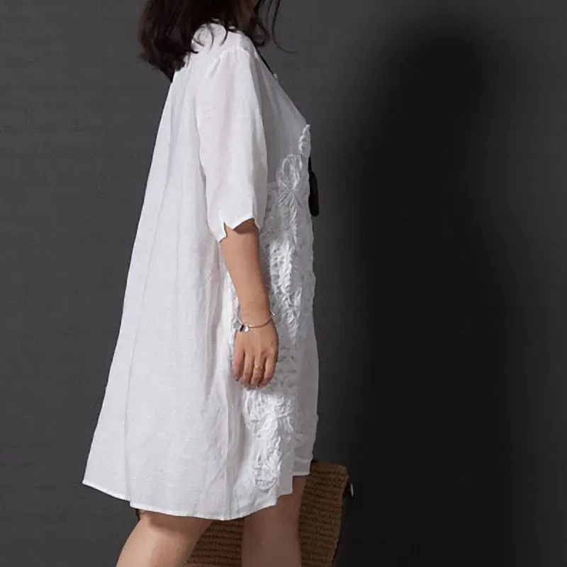 Plus Size Cotton Linen Embroidered Dress - Loose Fit, Half Sleeve Robe.  Shop Now! Best Seller! from Dhgate Basic & Casual Dresses - price 18.1