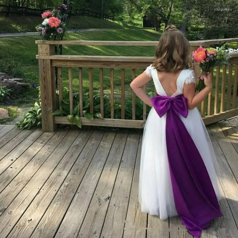 Girl Dresses Pageant Flower Lace Tulle Floor Length Long Formal Capped Sleeve Kids Gowns For Weddings With Purple Bow