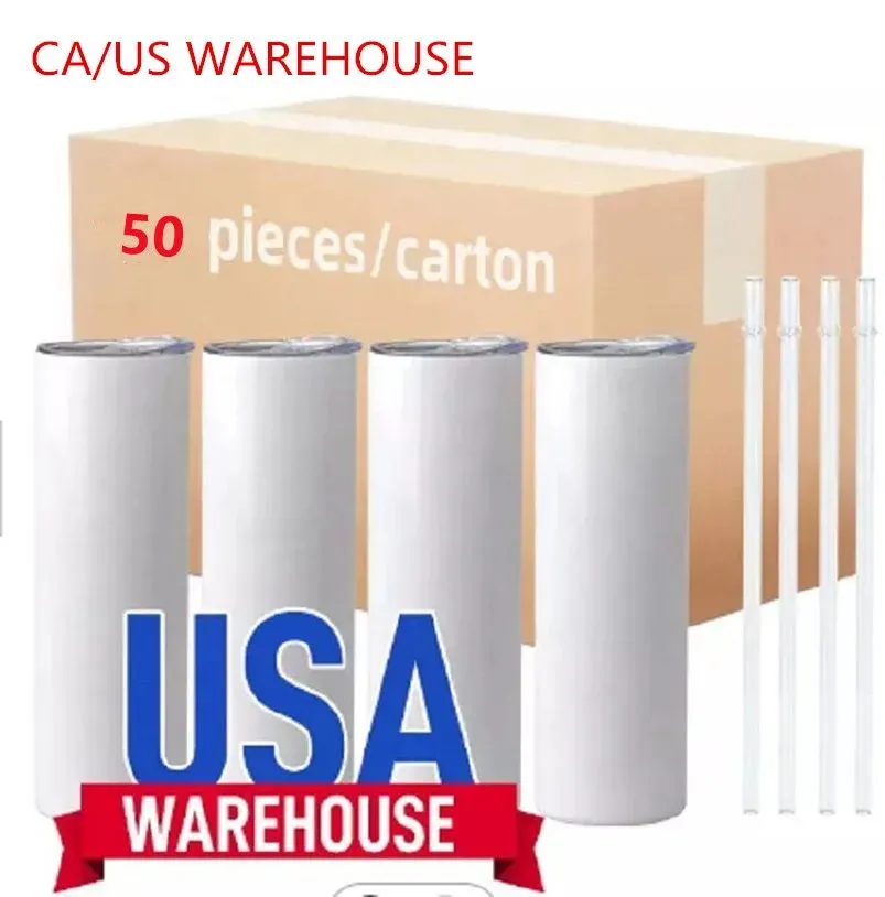 US /CA Yerel Depo Süblimasyon Boşlukları Kupalar 20oz Paslanmaz Çelik Düz Tumbler Kapak ve Saman Isı Transfer Kupaları Su Şişeleri 50 PC /CARTON ile Beyaz Tumbler