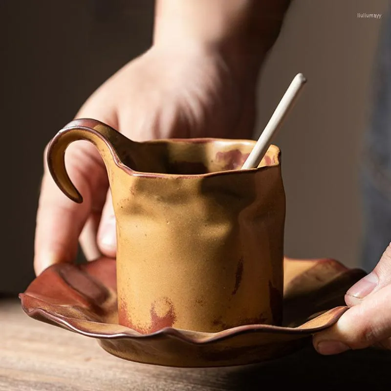 Copper Cup And Saucer Pleated Retro Coffee Cup Set Hand Punch Hanging