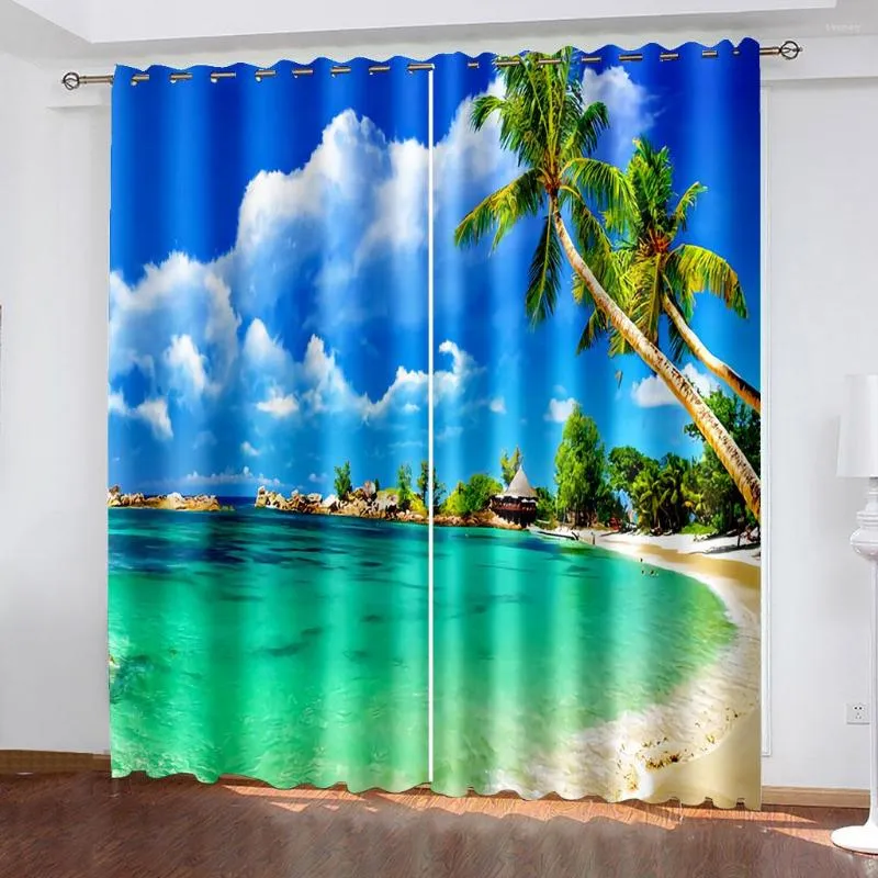 Vorhang 3D Naturlandschaft Blauer Sand Strand Meer Palmblätter Schattierung Polyester Fenstervorhänge Für Schlafzimmer Wohnzimmer Wohnkultur Haken