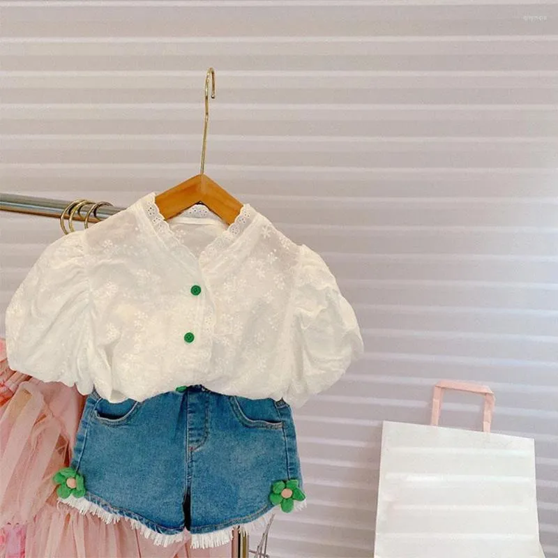 Одежда наборы повседневного цветочного девчонка летняя белая кружевная футболка джинсы 2 шт.