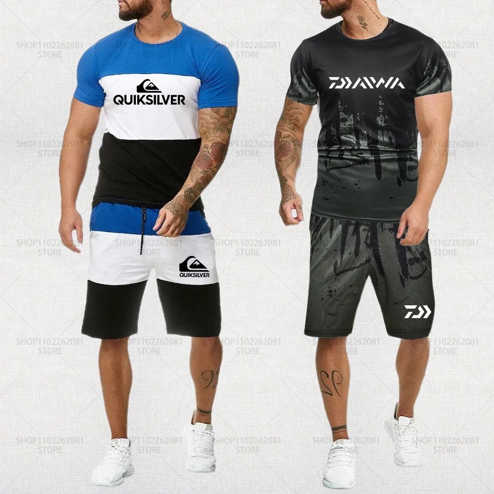 Mens Tracksuits Summer Mens Quik Letter Printed TShirt Shorts Set Causal Sport Stripe Tracksuit Outfit Surfing Male Cool Short Sleeve Clothing 230419