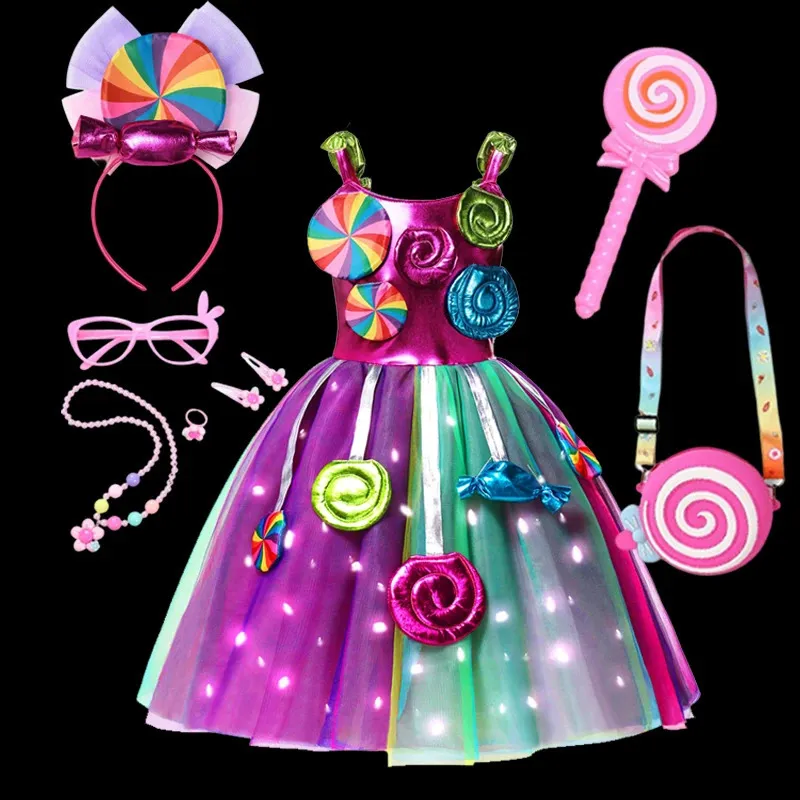 Clothing Sets Rainbow Sweet Lollipop Candy Kids Dress Carnival Party Girl Birthday Costume Fancy LED Light Tutu Children Wedding Clothes 231118