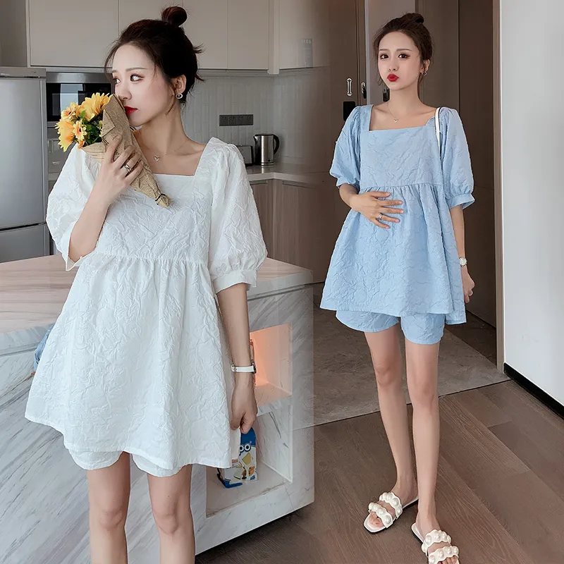 Sleep Lounge Korean Style Maternity Clothes Set Solid Color Short Sleeve Square Collar Topsbelly Shorts Twinset Gravida Woman Pants Suits 230419