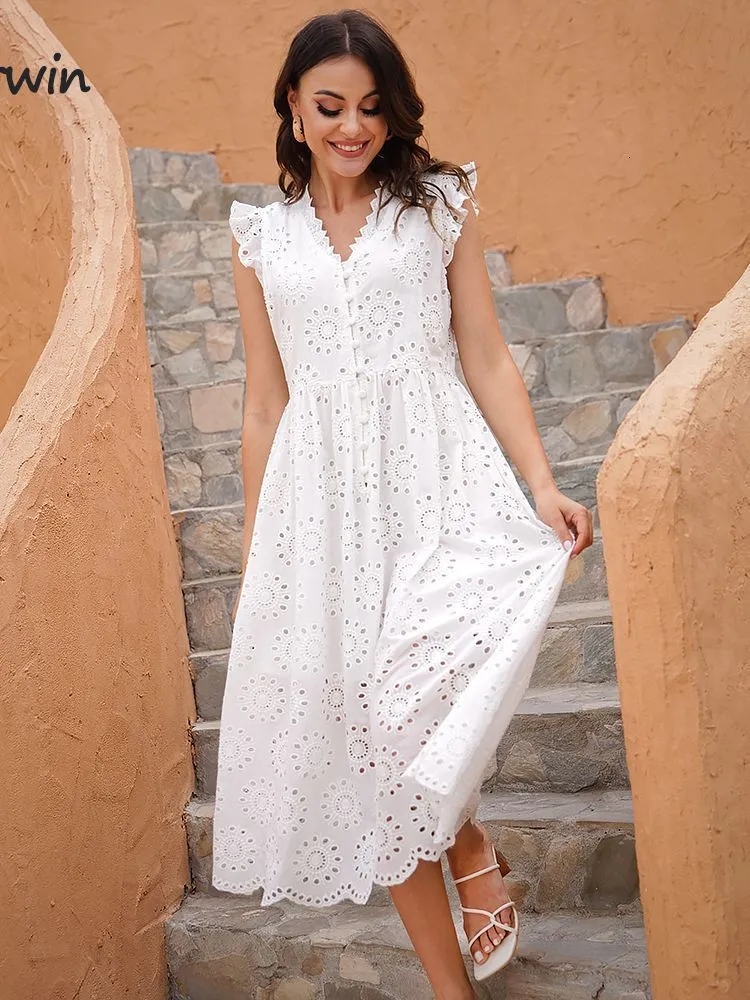 Casual Dresses Marwin Long Simple Casual Solid Hollow Out Pure Cotton Holiday Style High midje Fashion Mid-Calf Summer Dresses Vestidos 230418