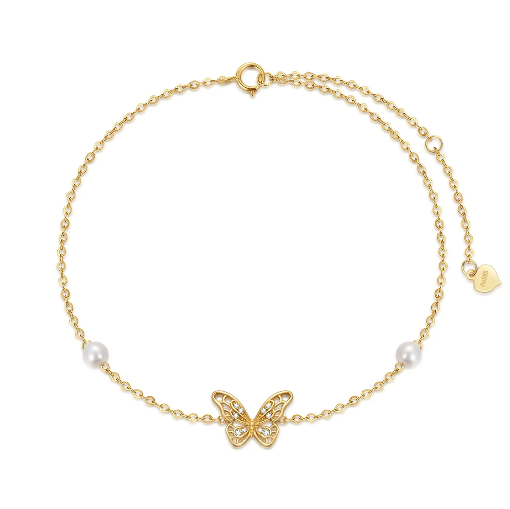 Tornozeleira borboleta de ouro maciço 14k para mulheres, pulseira de tornozelo de joias finas de pérola real presentes para ela