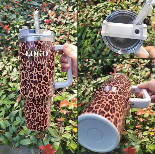 40 oz Tumbler With Handle,Leopard Print Skinny Vacuum Insulated Tumbler  With Straw,Cute Cheetah Print Cups Water Bottle CoffeeTravel Tumbler,  Leopard