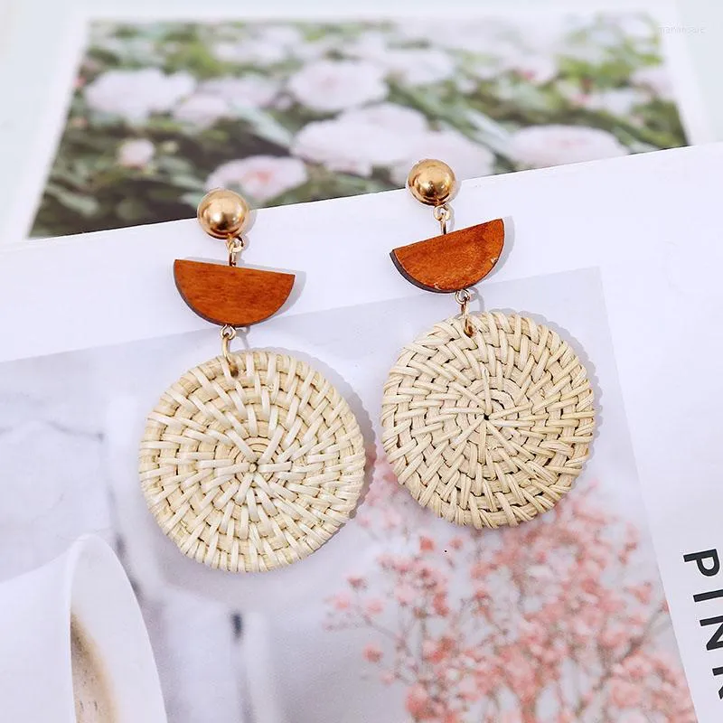 Dangle Earrings 2023 Fashion Geometric Round Wooden Straw Weave Vine Rattan Knit For Women Boho Handmade Drop Earring Gifts