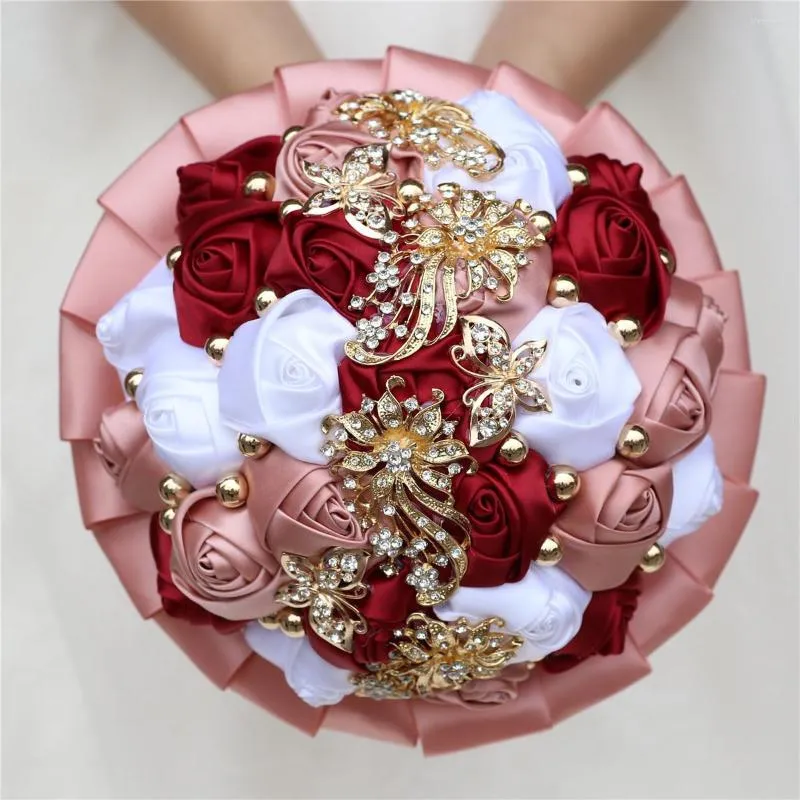 Flores decorativas Produto buquê de rosa de cetim para noiva Golden Shortne Wedding Flower Bridesmaids Decoração de mão Elegante Cristal de noiva