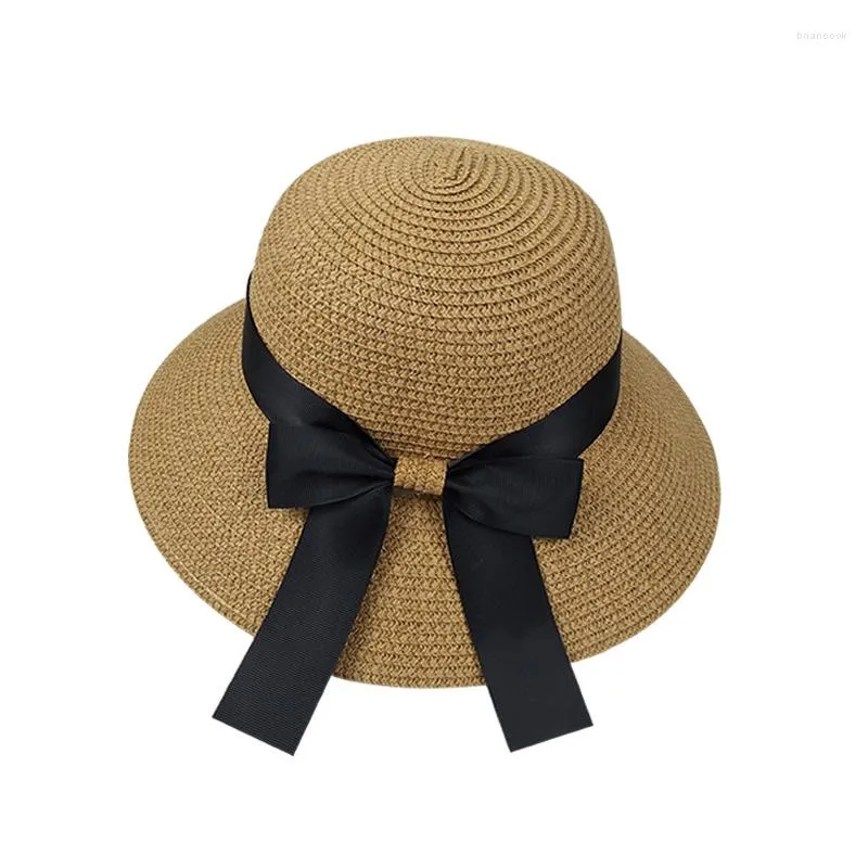 Breda brimhattar 2023 Mother Kids Straw Hat Baby Girl Big Bow Beach Cap Summer Sun Women Hucket Panama Caps