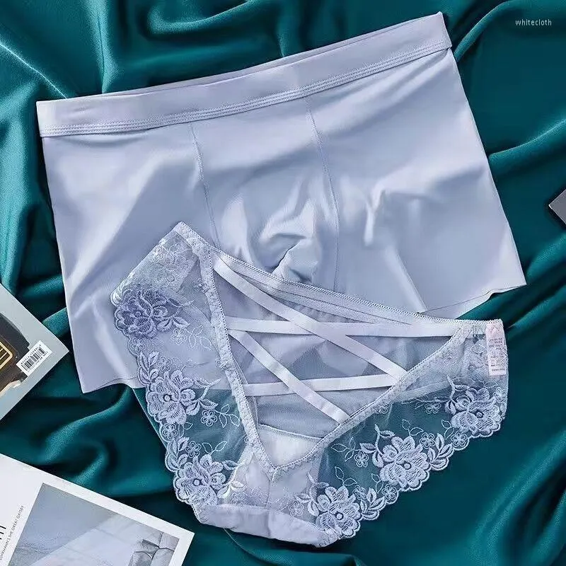 Mutande 2023 Biancheria intima da coppia sexy Mutandine di pizzo Pantaloncini da uomo in seta di ghiaccio Pantaloncini da donna blu Love's Lingerie