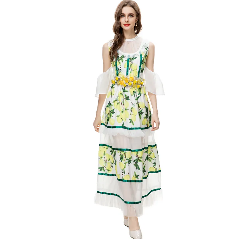 Women's Runway Dresses O Neck Sexy Off the Shoulder Printed Patchwork Tiered Ruffles Elegant Fashion Long Vestidos