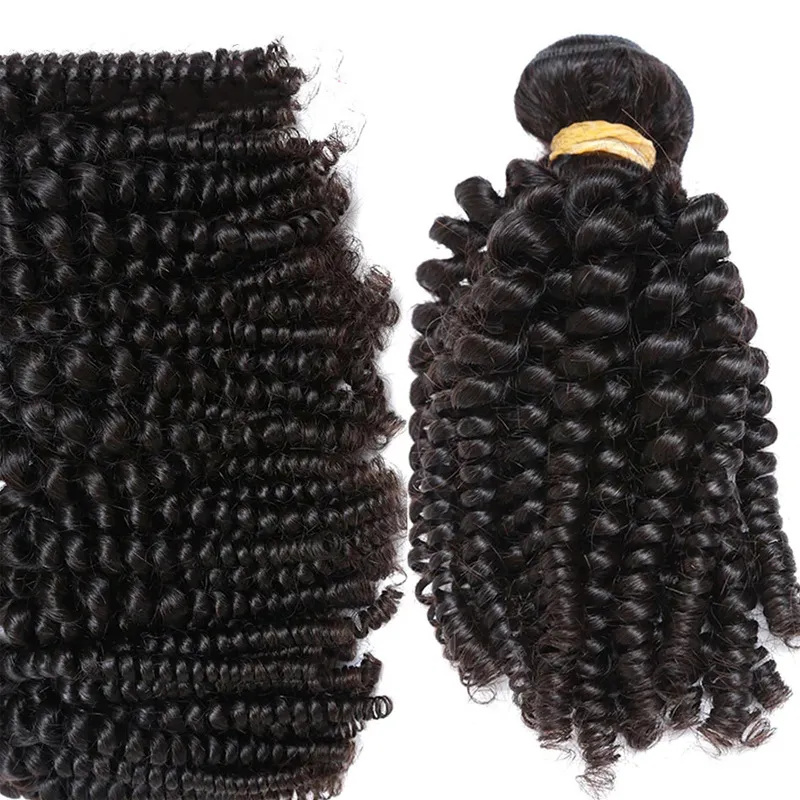 Funmi hår bouncy curly afro kinky curly peruansk 3 buntar med 4x4 spetsstängning gratis del naturlig färg 10-20 tum