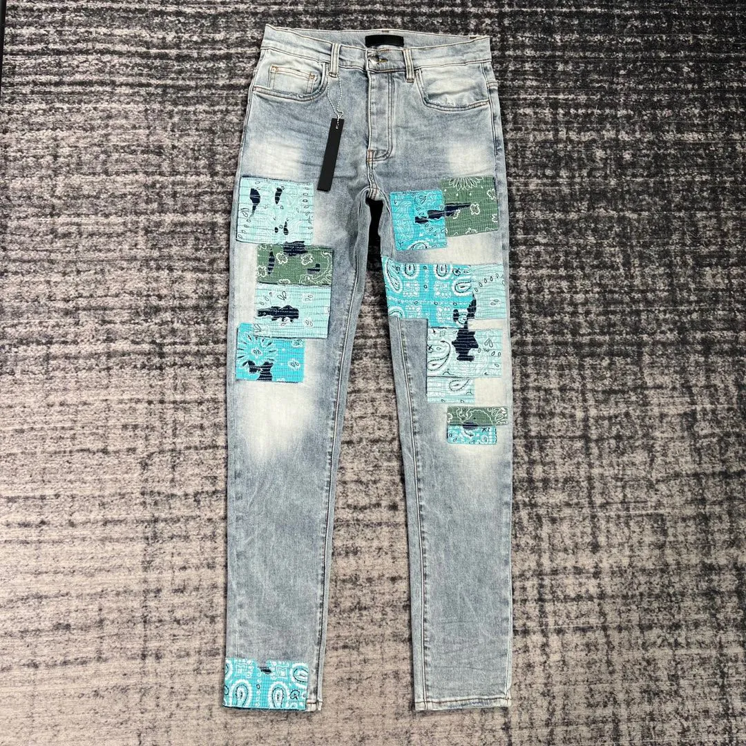 2024 Jeans Casual Skinny Mens Designers Jean Blue Denim Pants Cashew Splicing Cloth Angry Ram Hip Hop Street Pant