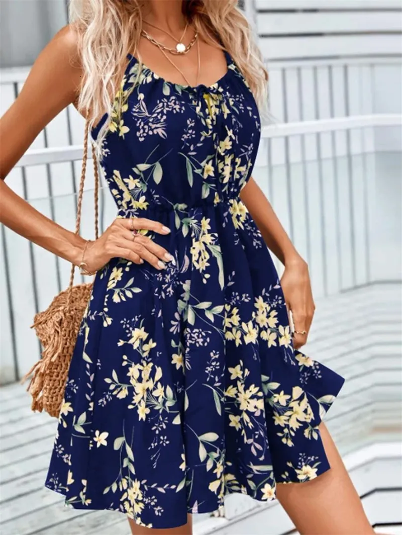 Casual Dresses Elegant Plant Flower Mang Print Kvinna 2023 Summer ärmlös Elastisk midja Camisole Dressy Women's Clothing 230419