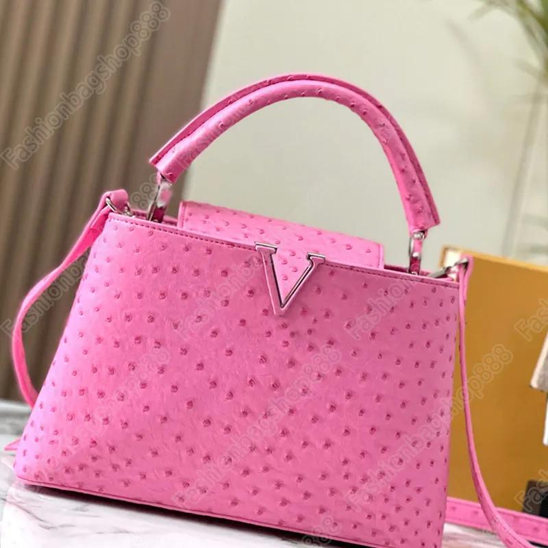 Sac à bandoulière pour femme de haute qualité Capuchines Sac à main en cuir d'autruche Sac fourre-tout Sac à main de luxe Embrayage Sac de messager pour femme rose