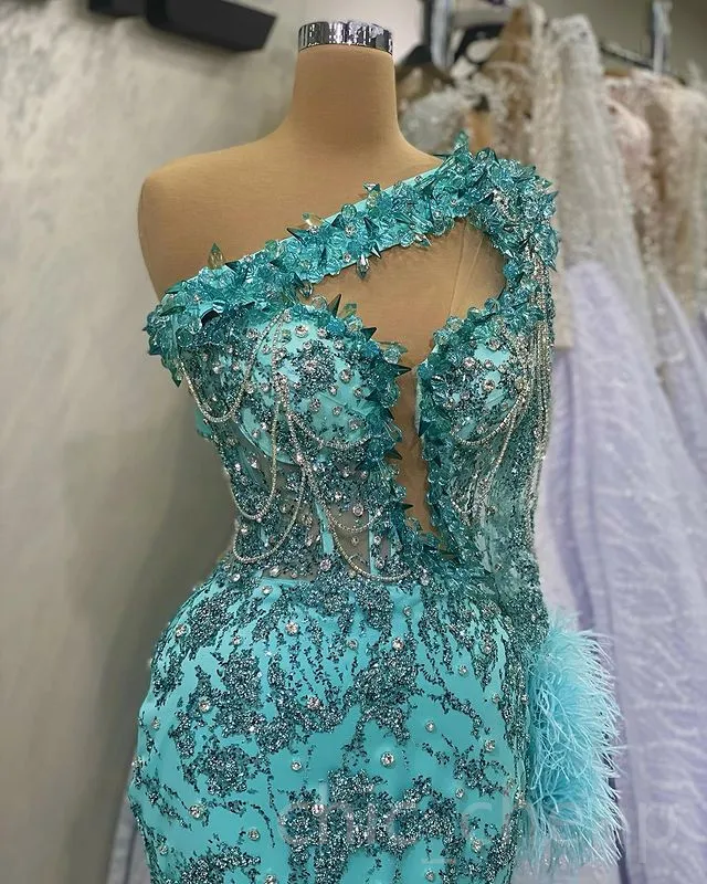 2023 April Aso Ebi Crystals Beaded Prom Dress Mermaid One Shoulder Evening Formal Party Second Reception Birthday Engagement Gowns Dresses Robe De Soiree ZJ5818