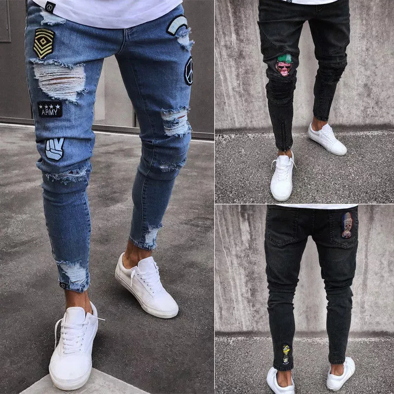 Jeans masculinos 2023 moda masculino magro rip slim fit