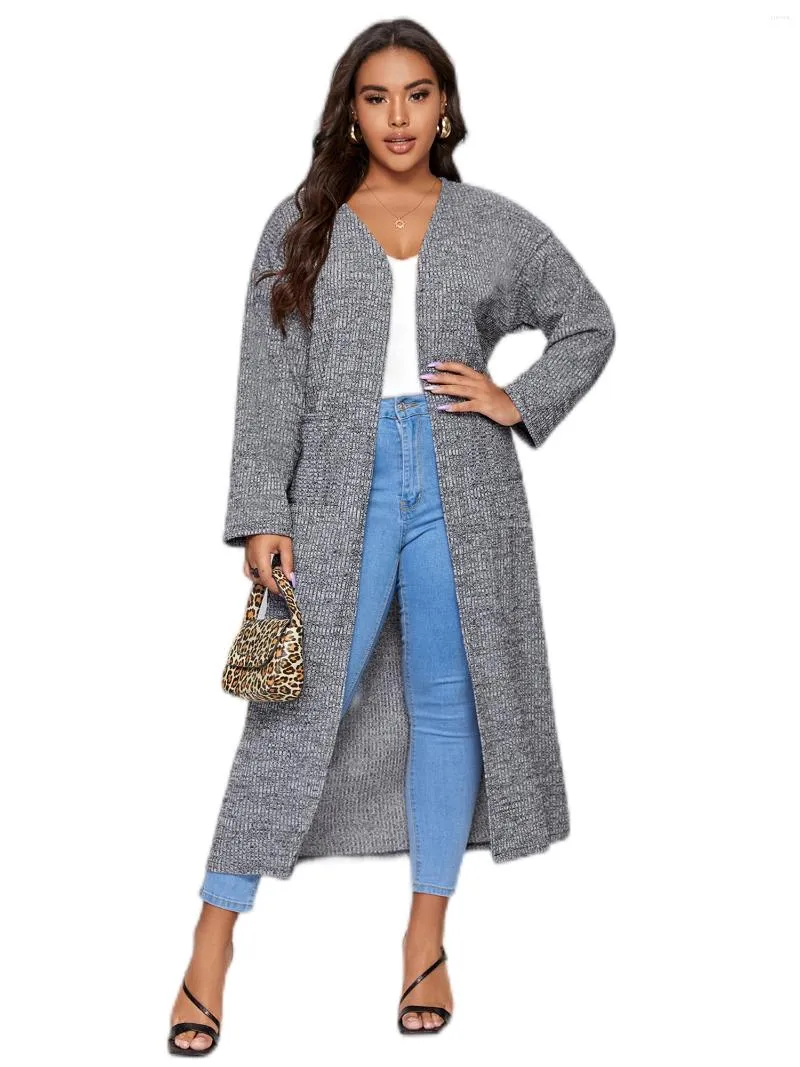 Ytterkläder plus storlek långärmad vårhöst elegant kappa kvinnor solid öppen frontficka sida maxi cardigan kvinnlig stor duster 4xl 5xl