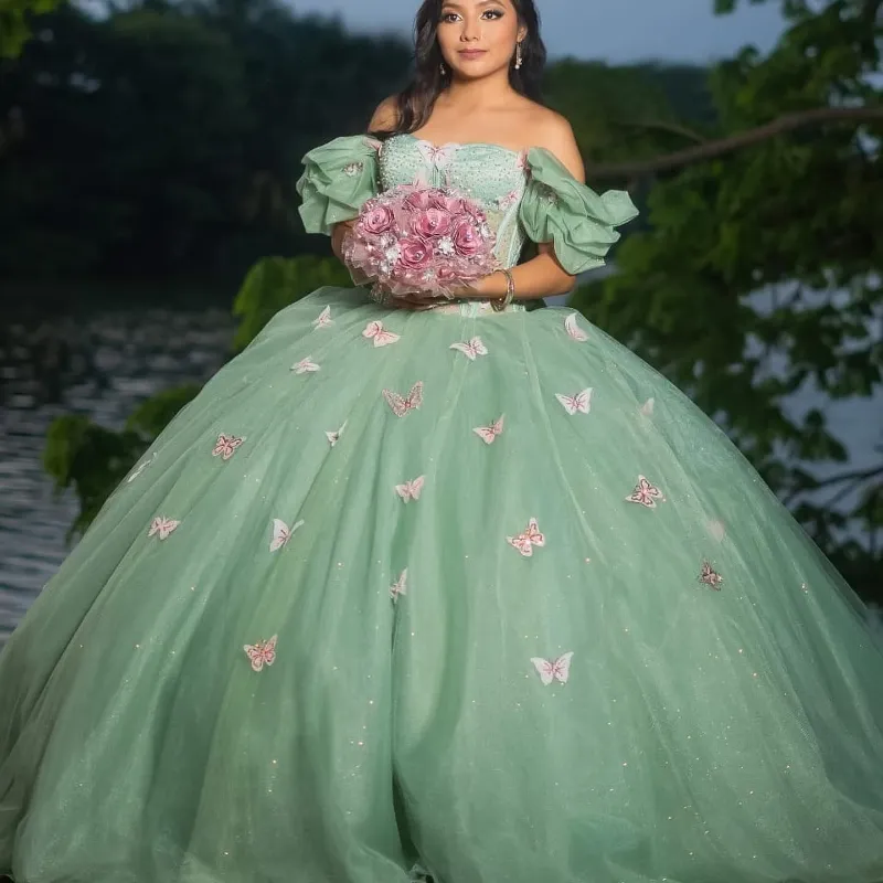 Sage Green Quinceanera Dresses Sweet Beads Bow Princess Ball Gown 2024 Birthday Party Gowns Vestidos De 15 Quinceanera