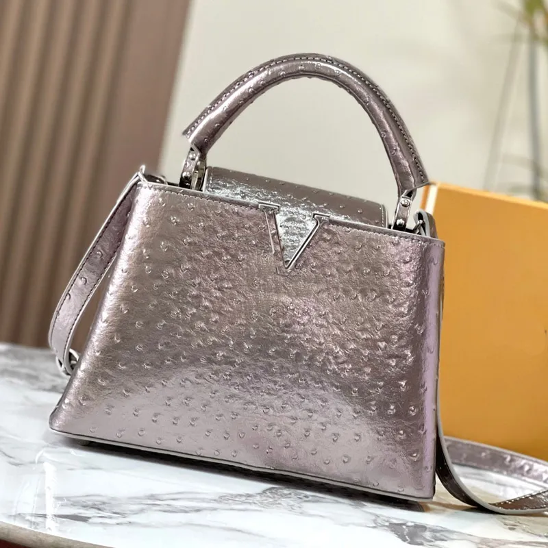 Struisvogel Patroon Totes Tas Vrouwen Capucines Handtas Portemonnee Koeienhuid Schouder Crossbody Tassen Echt Leer Verwijderbare Riem Mode Hardware Letters Portemonnee