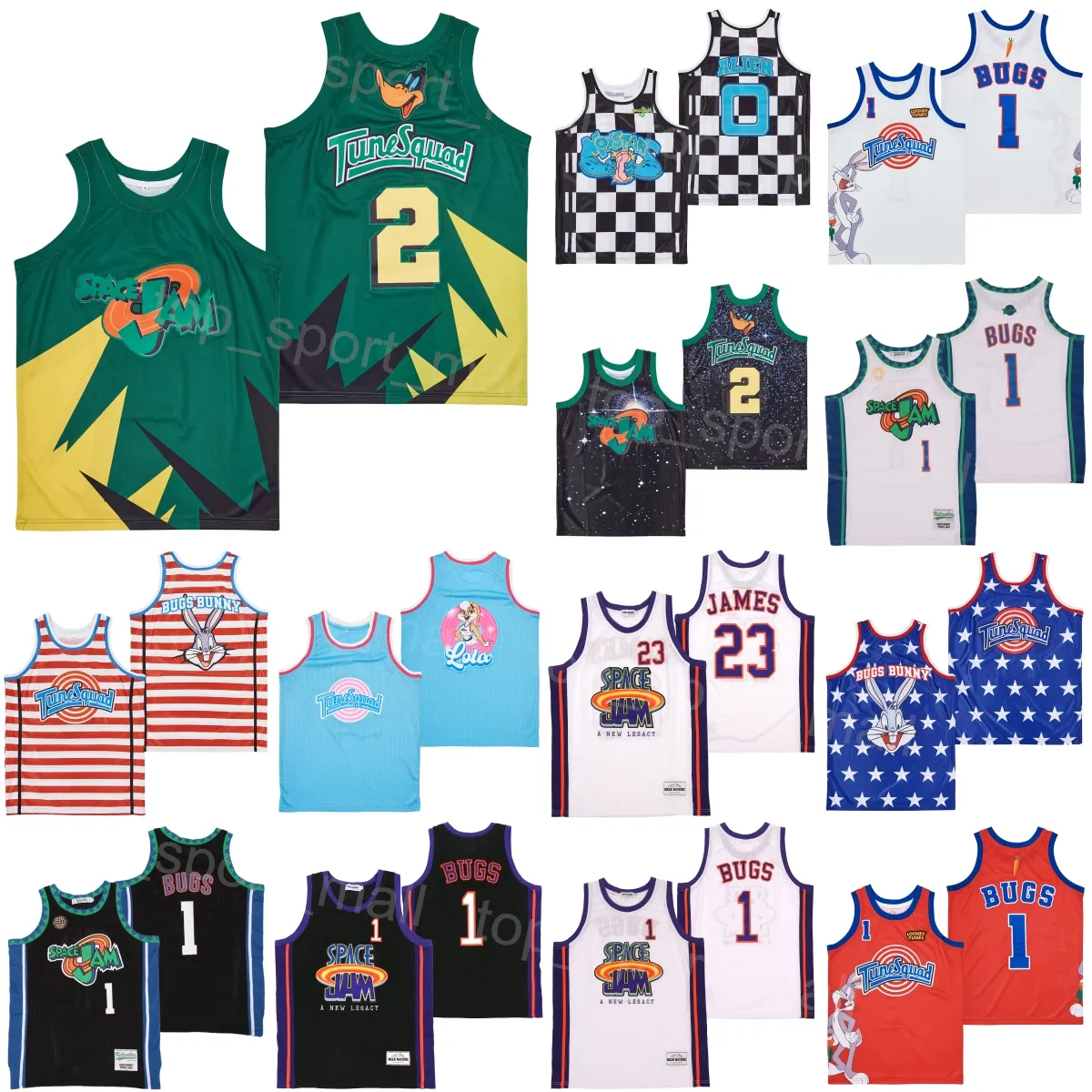 Moive Basketball Space Jam Jersey Tune Squad Looney 1 Bugs Bunny 23 Lebron James LEGACY SUPERSTAR MONSTARS CHECKERED LOLA TUNESQUAD RAYÉ Équipe de lycée