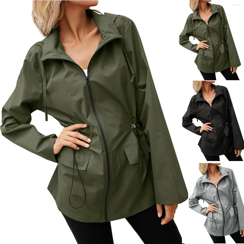 Trench-Coats Femme Veste Coupe-Vent Manteau de Pluie Couleur Unie Poches à Fermeture Éclair Manches Longues Coupe-Vent à Capuche Imperméable Randonnée Vêtements d'Extérieur