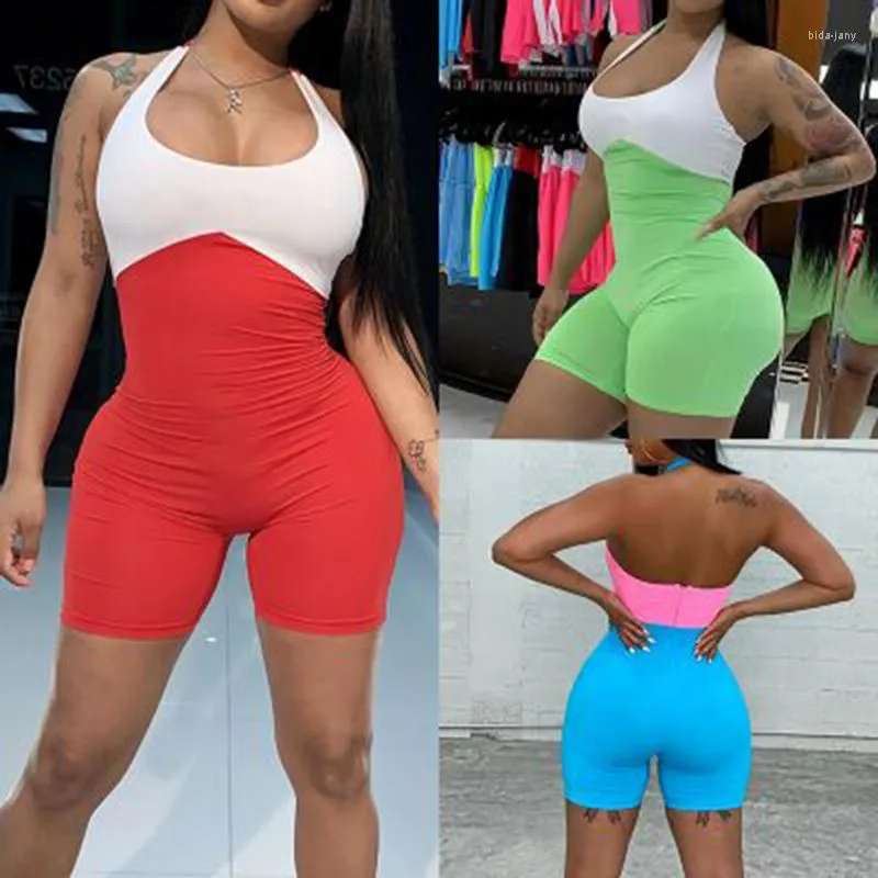 Femmes Combinaisons Femmes Contraste Couleur Sexy Maigre Combinaison Short Halter Sans Manches U Cou Dos Nu Zip Mode Dames Barboteuses Style D'été