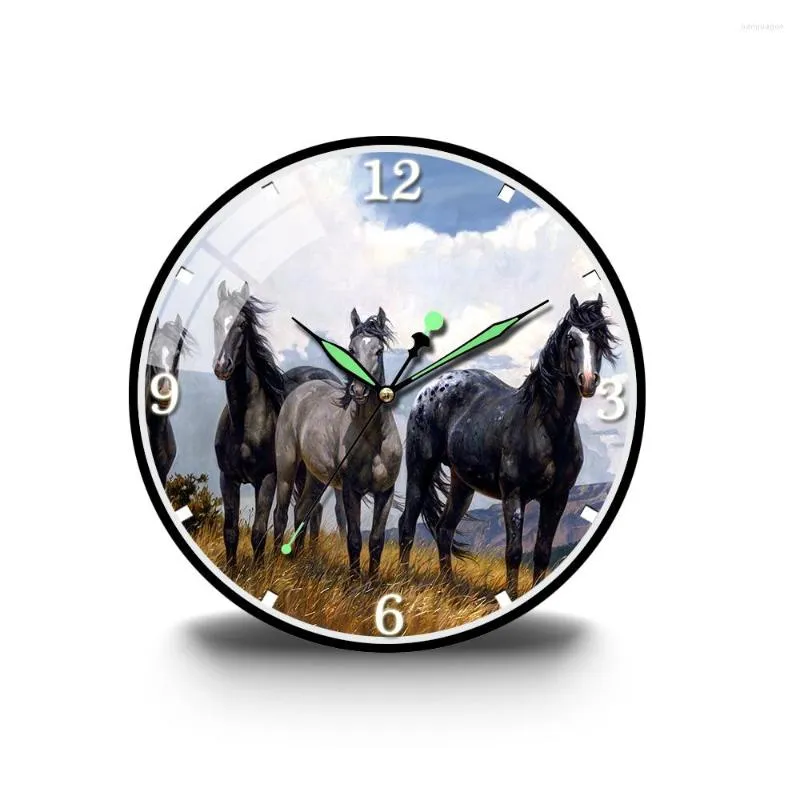 Horloges murales chevaux sur la prairie peinture à l'huile horloge lumineuse acrylique remise montre Design moderne salon rétro graphiques