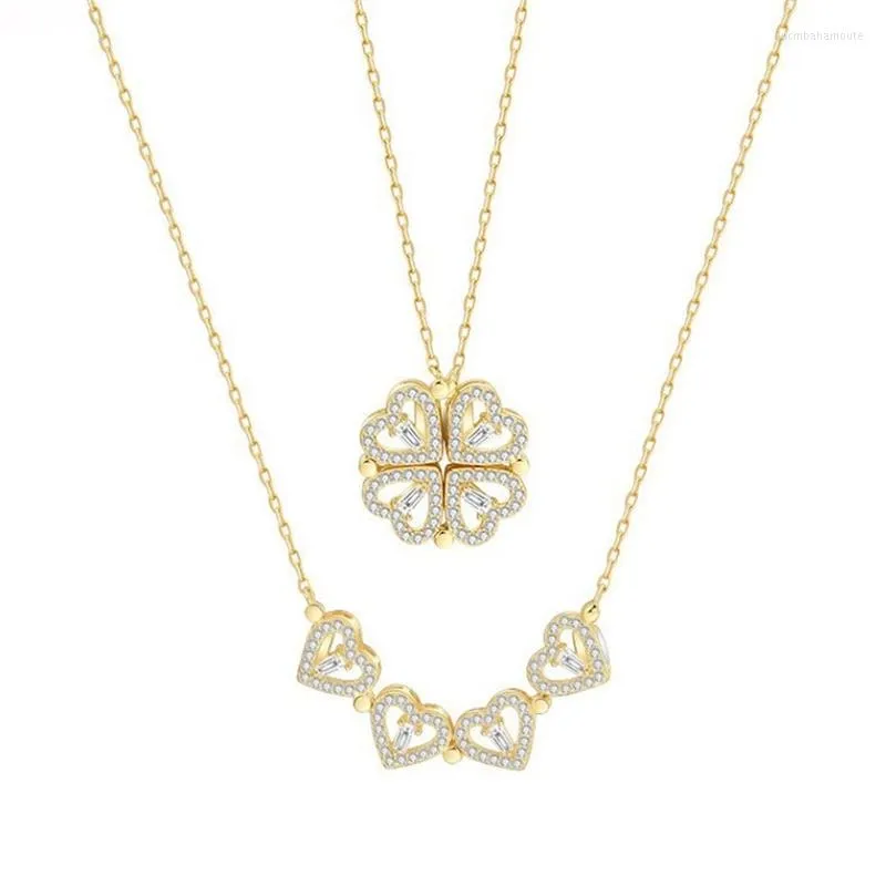 Ожерелья с подвесками Простое ожерелье с сердечком и четырехлистным клевером для женщин Модная цепочка на ключицу Любовь Складная двойная одежда