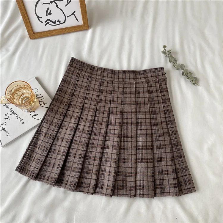 HOUZHOU Vintage Plaid Skirt High Waist A Line Pleated Mini