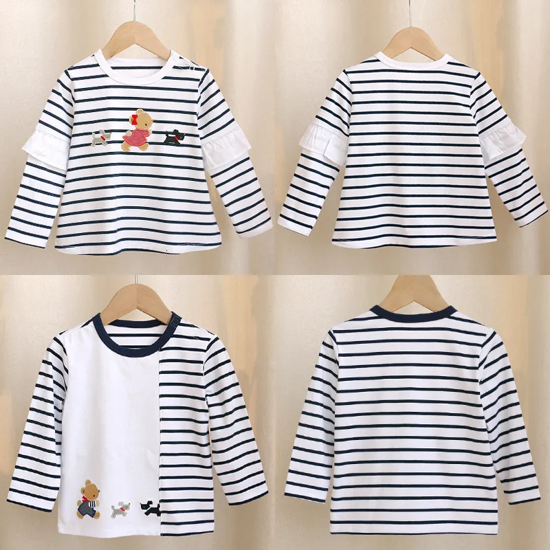 T-shirts F Family Autumn Boy Girl Cartoon Bear Embroidery Stripe Long Sleeve T-shirt Undershirt Brother And Sister Children's Clothing 230419