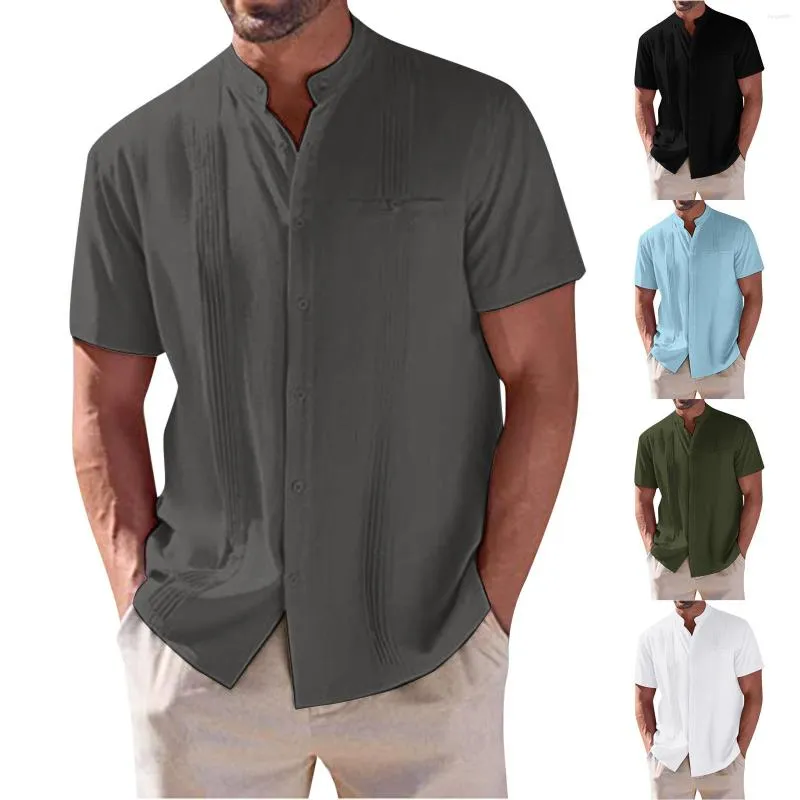 Men's T Shirts Mens Spring And Summer Solid Color Cotton Linen With Pocket Lapels Half Buttoned Short Sleeved