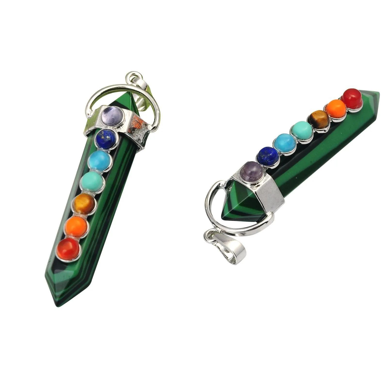 Magchetes atacado malaquita hexaedro Reiki Pingents com 7 Chakra Crystal Gemstone for Mulher Men Men Jewelry Drop Deliv Dhrk9