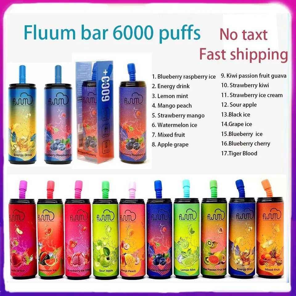 Original Fluum Bar 6000 puffs Disposable E Cigarettes Vape Pen 15Ml Pre-Filled 20 Favors Mesh Coil Pods Cartridge 600Mah Rechargeable Battery Vaporizer 6K PUFF