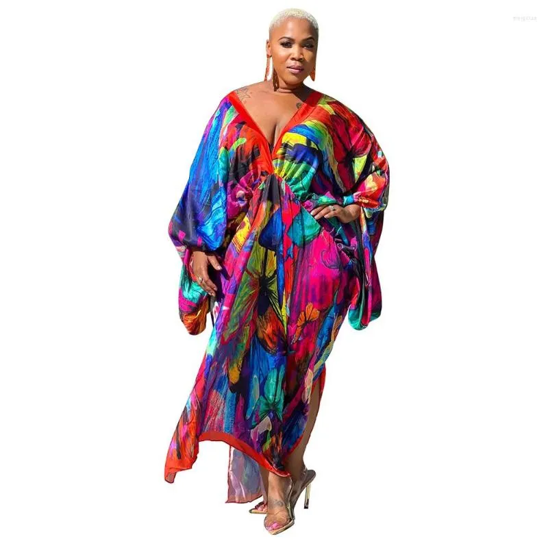 Ethnic Clothing Summer Elegent African Women Long Sleeve V-neck Polyester Printing Dress Maxi Dresses For