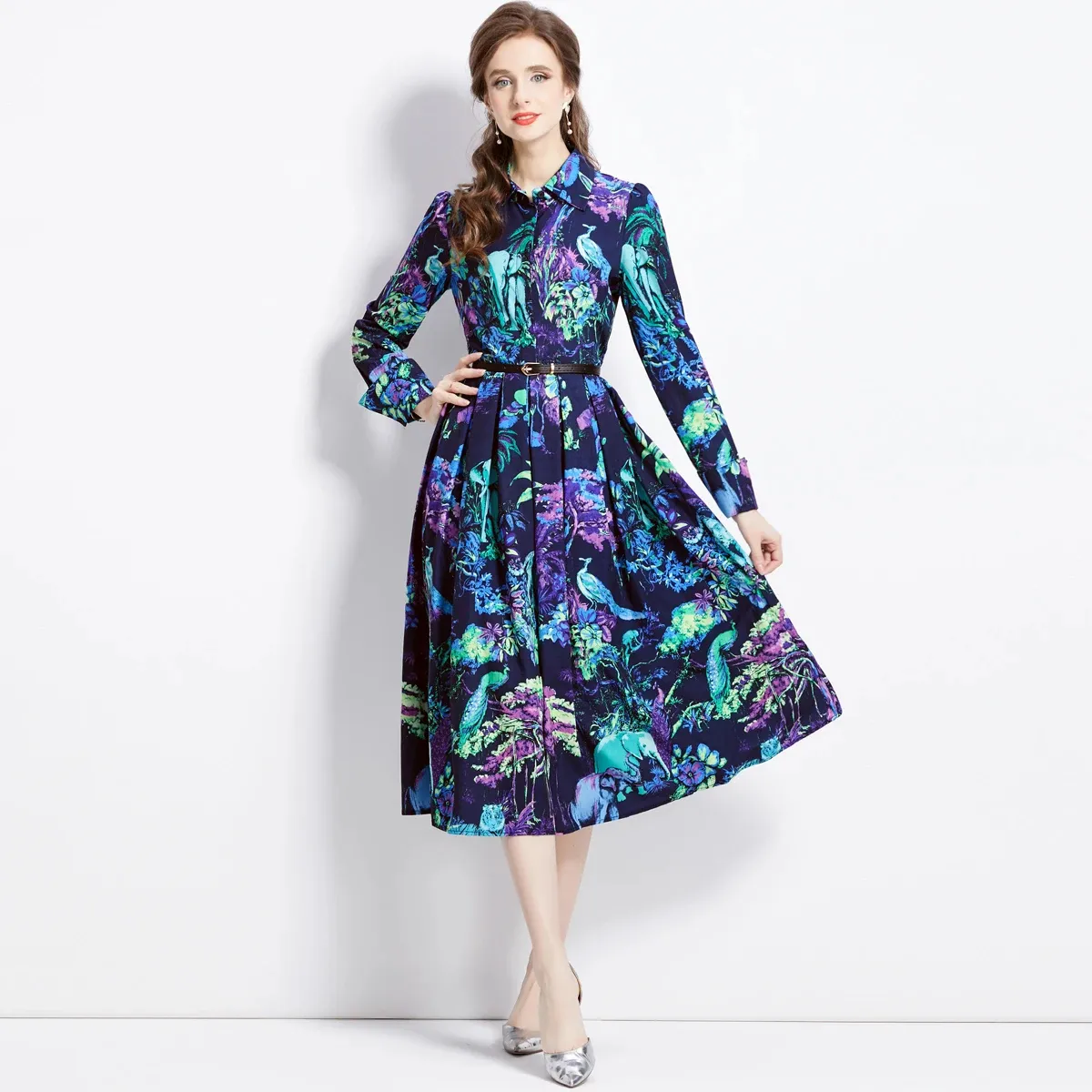 Casual Dresses High Quality Autumn Women Fashion Runway Shirt Dress Office Lady Long Sleeve Blue Floral Printed A-Line Party Vestidos 2024