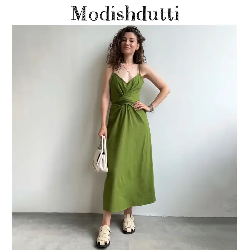 Casual Dresses Modishdutti Spring Summer Women Sexy V-Neck Backless Camisole Party Dress Casual Sleeveless Green Linen Midi Dresses Ladies 230418