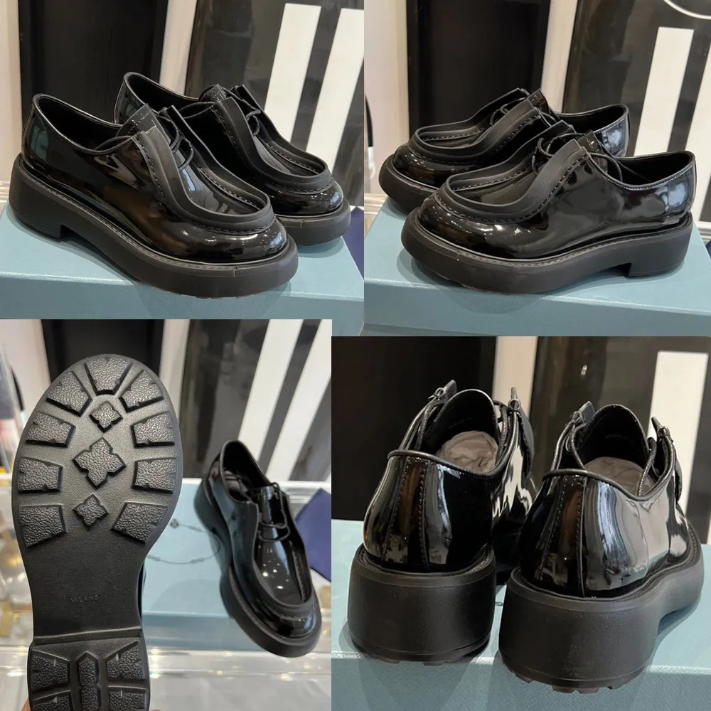 Sapatos de couro escovado com cadarço, mocassim de grife 1E280N, mocassins femininos, mocassim plataforma, forro de couro preto, sola de borracha, muffin, sola grossa, sapatos de couro de vaca