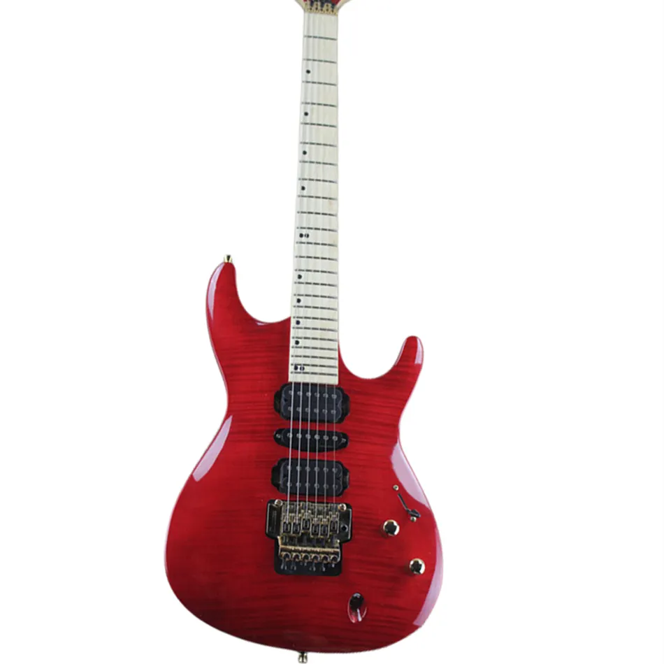 Glossy Red Flame Maple Top Electric Guitar with Gold Hardware Tremolo Bridge can be customized