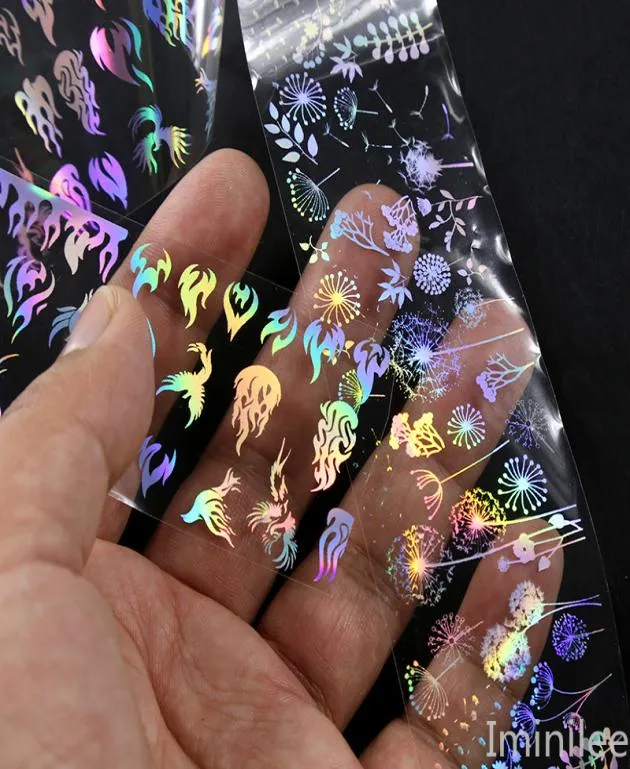 Rolo de folha holográfica para unhas, 4100cm, chama, dente de leão, panda, bambu, holo, adesivo de transferência de arte em unhas, corrediça de água, decalques para arte em unhas 5347697