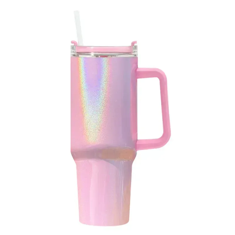 New 40oz stainless steel Glitter tumbler with handle lid straw big capacity Shimmer glossy water bottle outdoor camping cup vacuum insulated travel mugs
