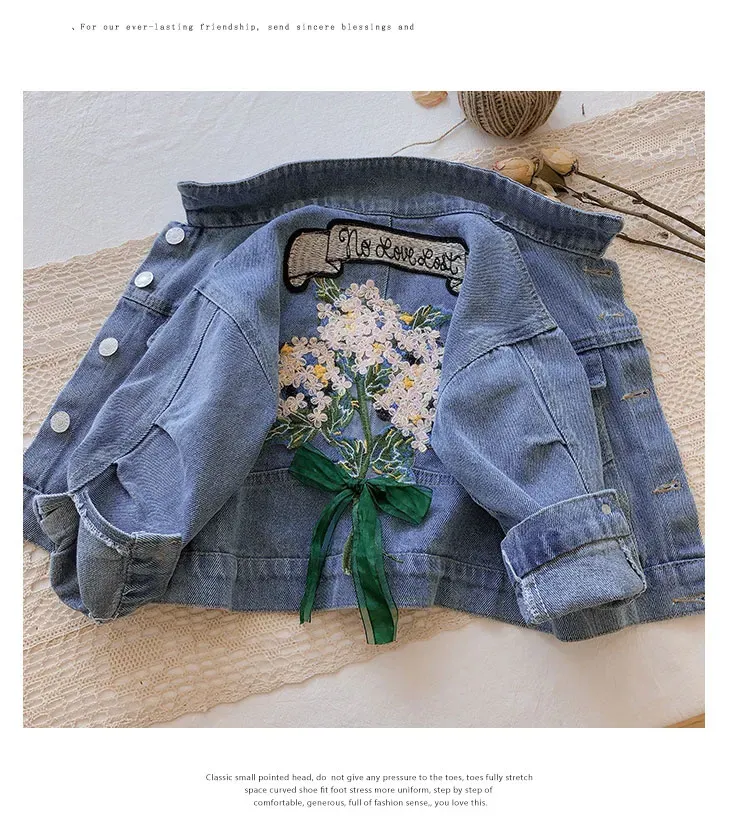 Printemps Automne Enfants Denim Manteau Vintage Fleurs Denim Veste Enfants Outwear Manteaux