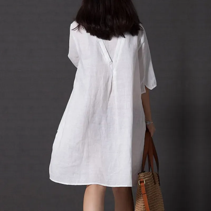 Plus Size Cotton Linen Embroidered Dress - Loose Fit, Half Sleeve Robe.  Shop Now! Best Seller! from Dhgate Basic & Casual Dresses - price 18.1