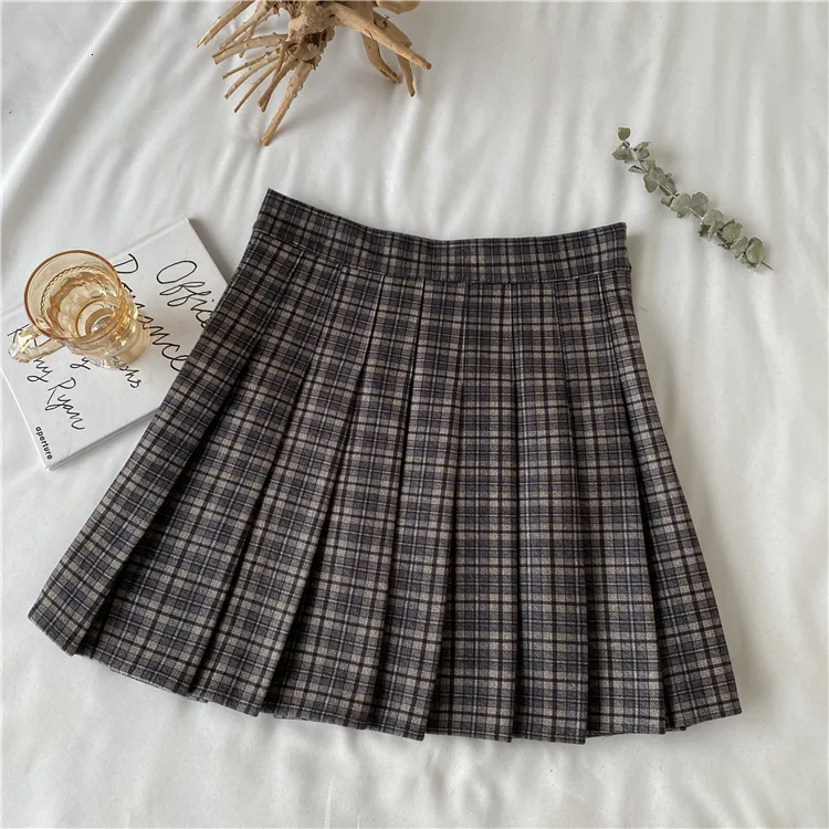 HOUZHOU Vintage Plaid Skirt High Waist A Line Pleated Mini
