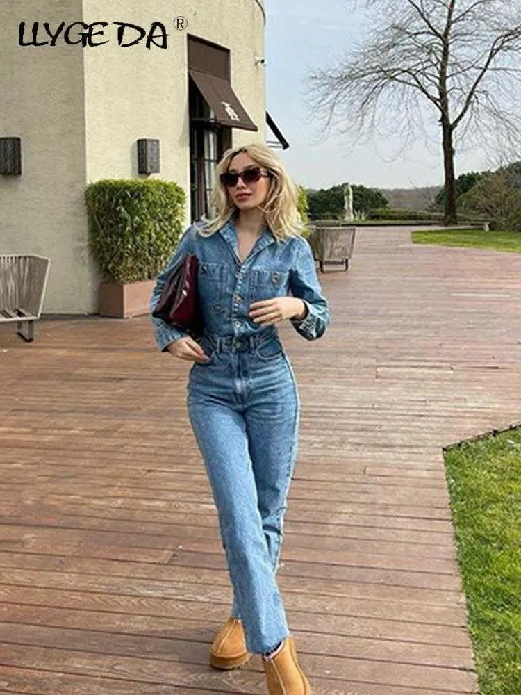 Elegant Womens Denim Jean Jumpsuit Womens With Turn Down Collar Y2K  Streetwear 2023 From Mengqiqi04, $27.94