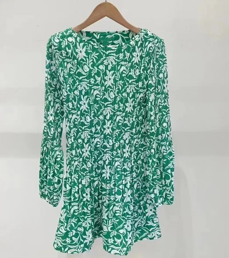 green midi Dress casual Maje French Style green Dress Silhouette Floral Printed Pleated Dress for Women