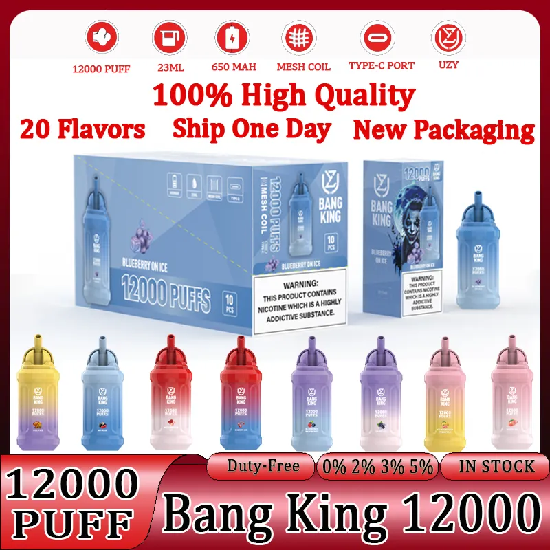 Bang King 12000 Puffs Vaper Vapers Desechables Puff 12000 12K UZY Tek Kullanımlık Vapes Desechable Bang King Puffs E Sigara 0% 2% 3% 5% 5% Buharlaştırıcı şarj örgü bobin çubuğu