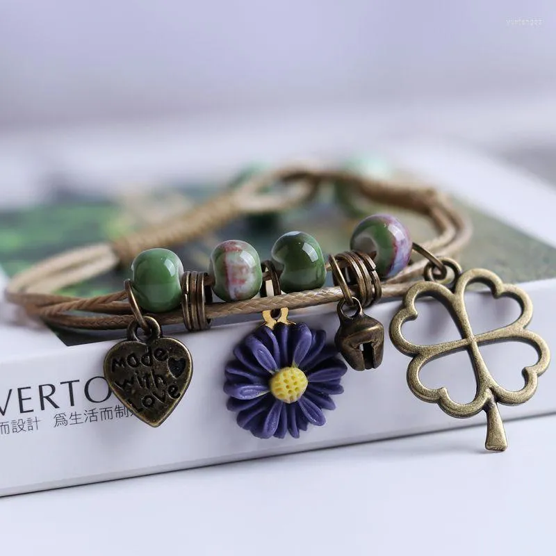 Charm Bracelets Ceramic Beads Couple Bracelet Vintage Daisy Pendant Female For Girls DIY Jewelry Gift